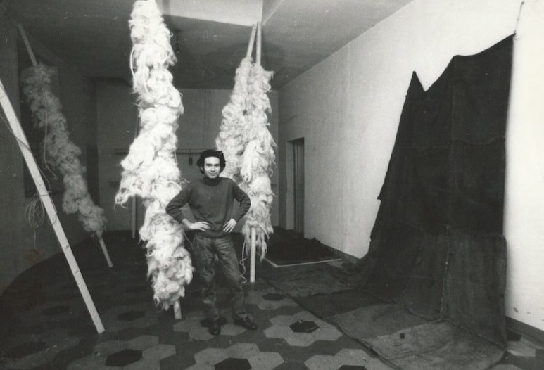 Jannis Kounellis in a room with his work